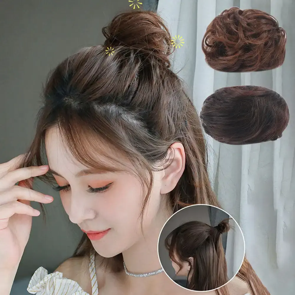 Girls Curly Scrunchie Chignon Band Brown Black Synthetic Hair Ring Wrap On Messy Bun Ponytails Straight Hair Tie