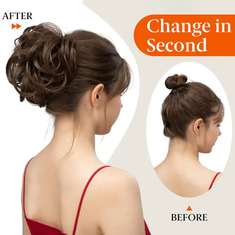 Girls Curly Scrunchie Chignon Band Brown Black Synthetic Hair Ring Wrap On Messy Bun Ponytails Straight Hair Tie