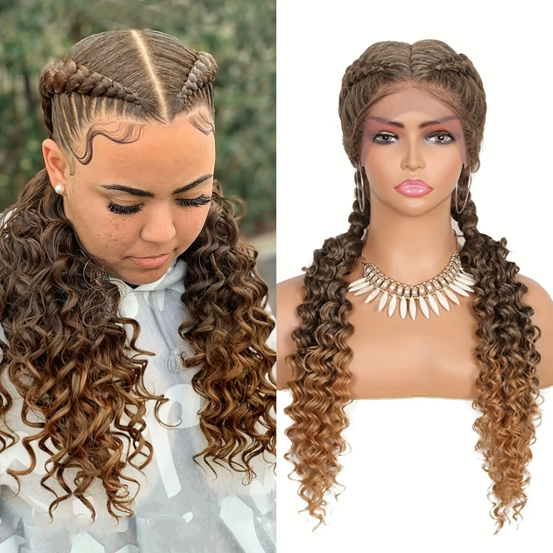 Synthetic Lace Box Braided Wig 24 inch Box Braided Wig Curls Handcrafted Dutch Braids Wig