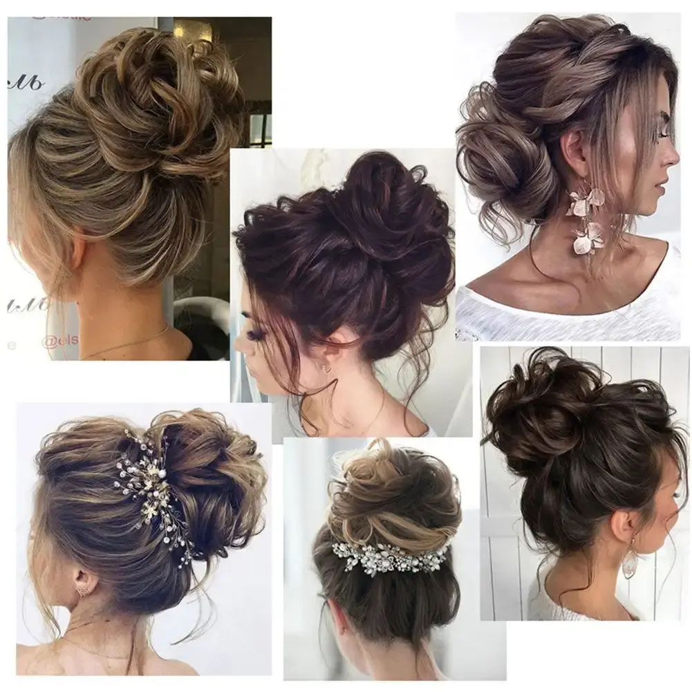 Girls Curly Scrunchie Chignon Band Brown Black Synthetic Hair Ring Wrap On Messy Bun Ponytails Straight Hair Tie