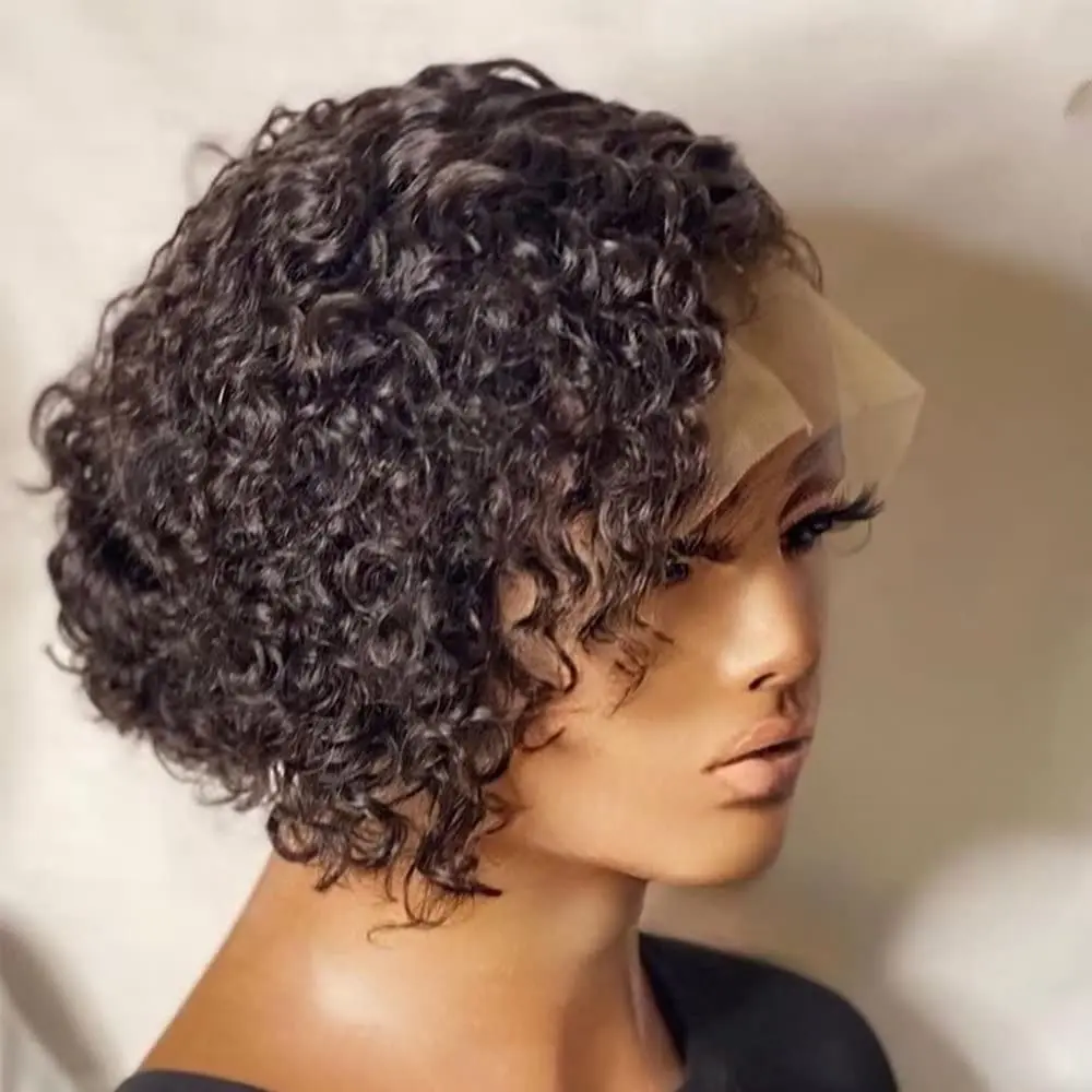 Brazilian Hair Deep Wave 13x4 Invisible Lace Frontal Wig Short Curly Human Hair Wig Bob Pixie Cut Glueless Side Deep Parting Lac