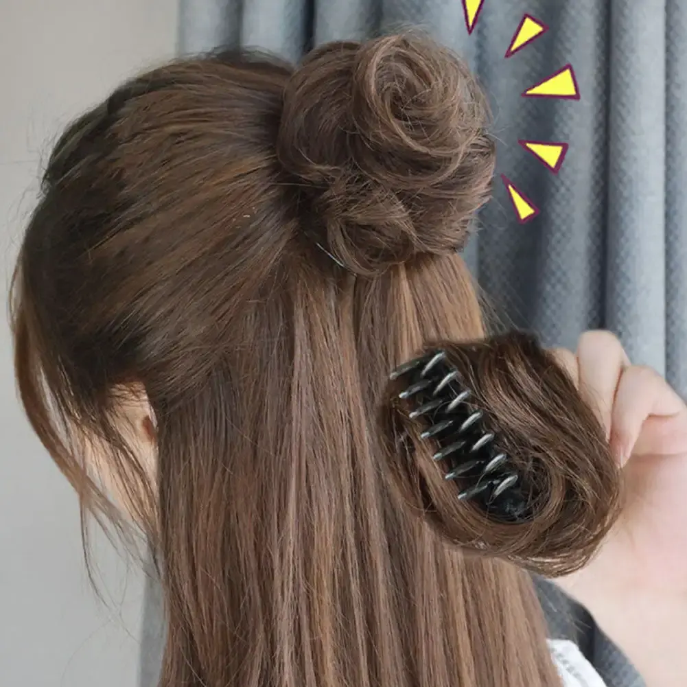 Girls Curly Scrunchie Chignon Band Brown Black Synthetic Hair Ring Wrap On Messy Bun Ponytails Straight Hair Tie