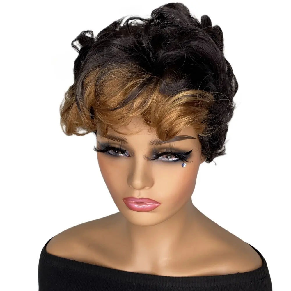Short Black Synthetic Wig with Mixed Brown Bangs Natural Short Haircuts for Women Short Wigs for Black Women