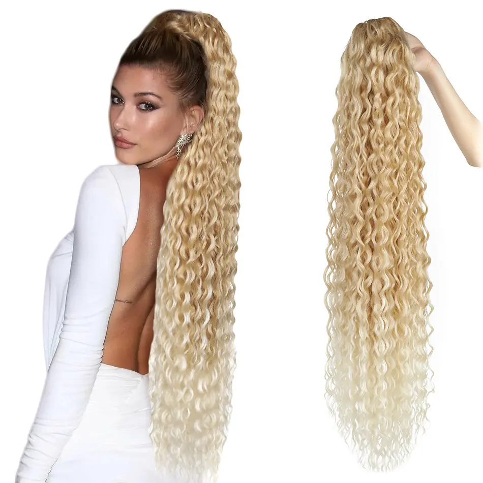 30inch Synthetic Kinky Curly Drawstring Ponytails for Women Blonde Ponytail Clip in Hair Extension for Women Daily Cosplay Party