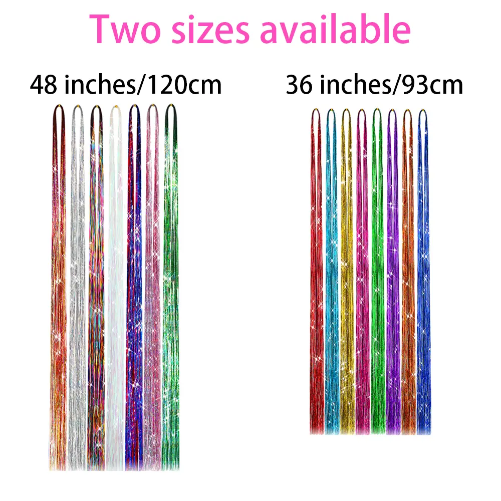 36/48Inch Sparkle Hair Tinsel Rainbow Colored Strands Girls Headwear Hairbinge Hair Laser False Hair Extensions Decor Glitter