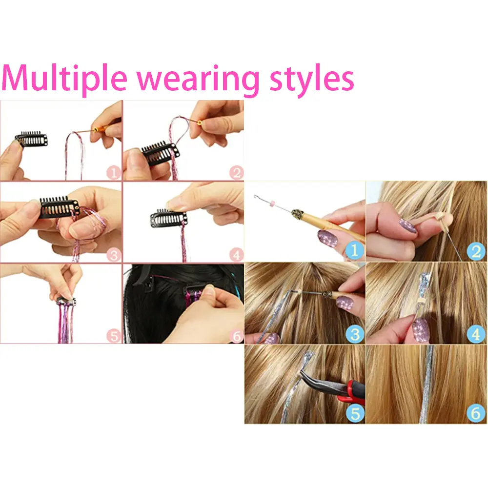 36/48Inch Sparkle Hair Tinsel Rainbow Colored Strands Girls Headwear Hairbinge Hair Laser False Hair Extensions Decor Glitter
