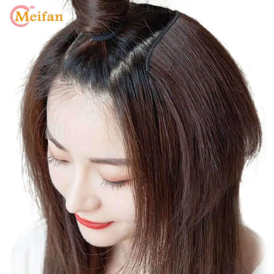 MEIFAN Synthetic Long Straight U-Shaped Half Head Wig for Women Black Brown Clips in Hair Extension Natural Fake Hairpieces