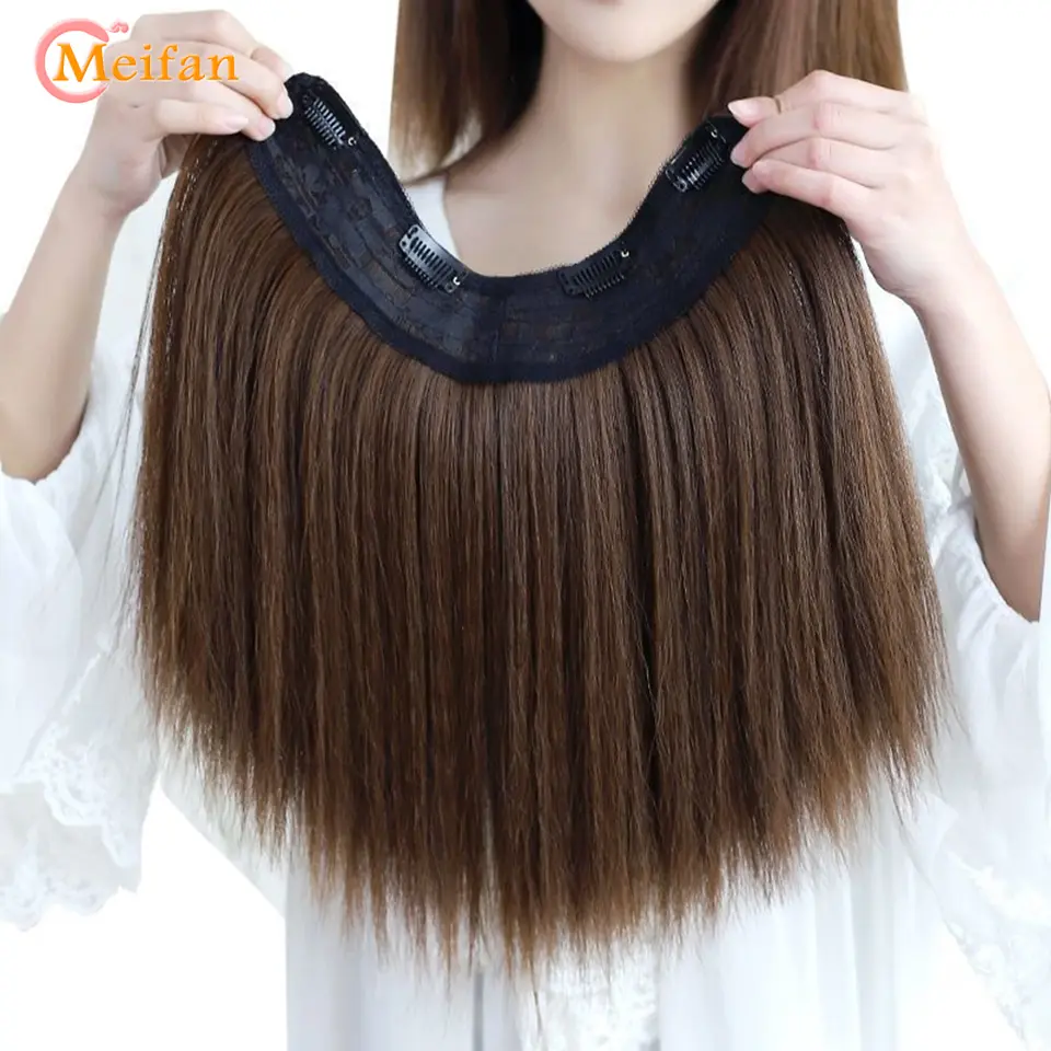 MEIFAN Synthetic Long Straight U-Shaped Half Head Wig for Women Black Brown Clips in Hair Extension Natural Fake Hairpieces