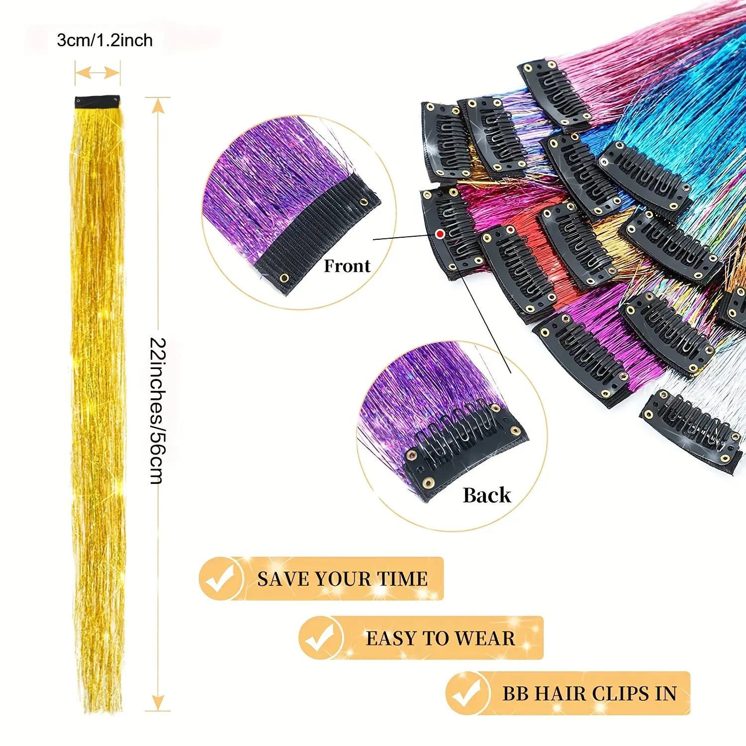 Clip In Hair Tinsel, Fairy Hair Tinsel Kit 22 Inches Glitter Colorful Clip On Tinsel Hair Extensions for Girls Hair Accessories