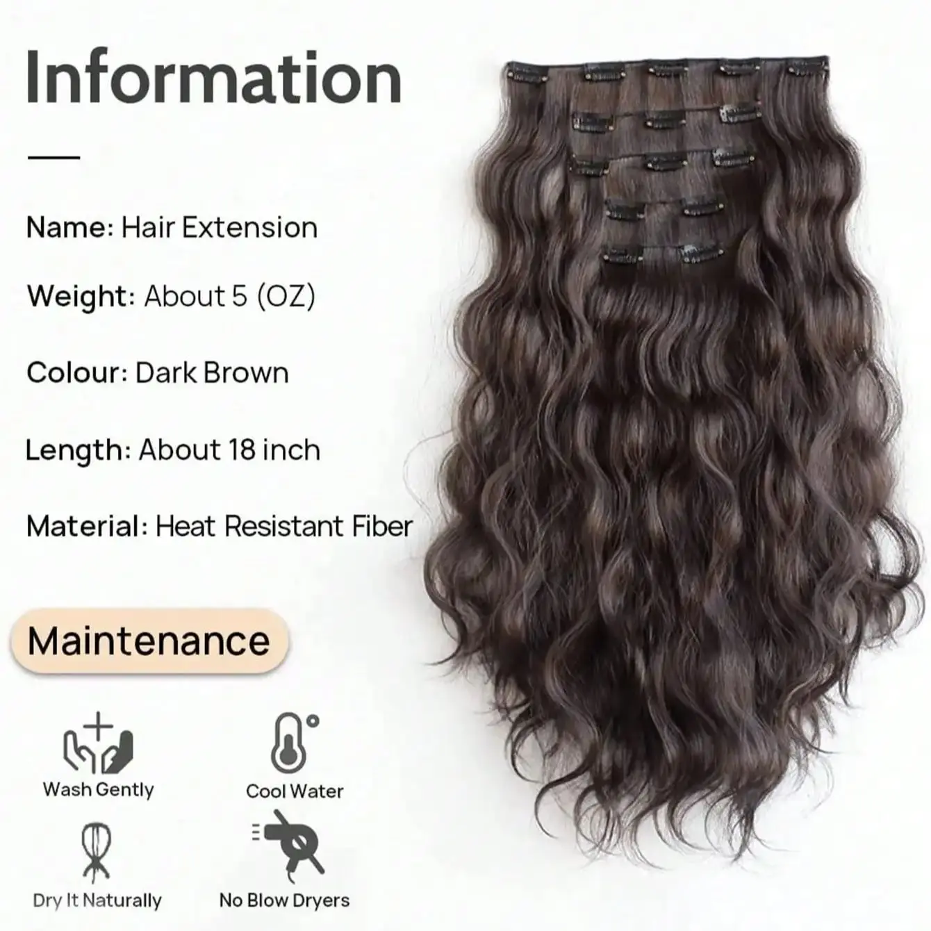 Multicolor Wavy Clip-in Hair Extensions 18 Inch Long Synthetic Clip-in 5-Piece Set Hair Extensions for Women Girls Curls Invisib