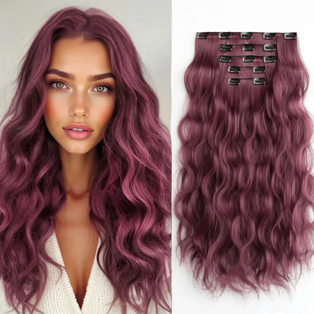 Multicolor Wavy Clip-in Hair Extensions 18 Inch Long Synthetic Clip-in 5-Piece Set Hair Extensions for Women Girls Curls Invisib