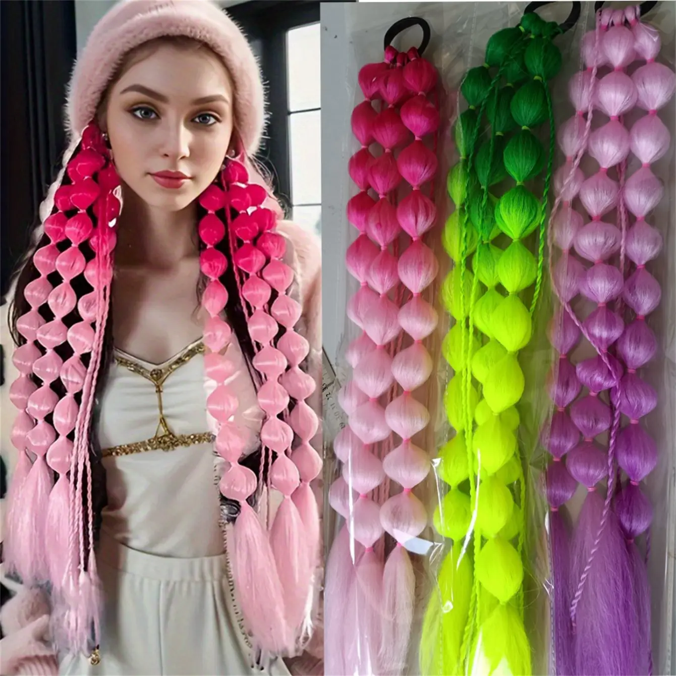 1pcs Multicolor Festive Elastic Lantern Foam Braided Synthetic Ponytail for Women Girls Basic Style Hair for Party Cosplay