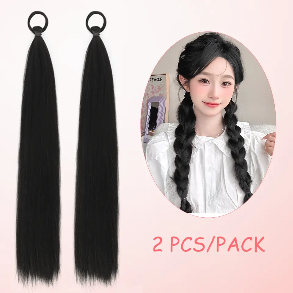 LUPU 2 Pack Synthetic Black Ponytail Extension with Elastic Tie, Braid Ponytail Extension Braid Hair Extensions for Girls Women