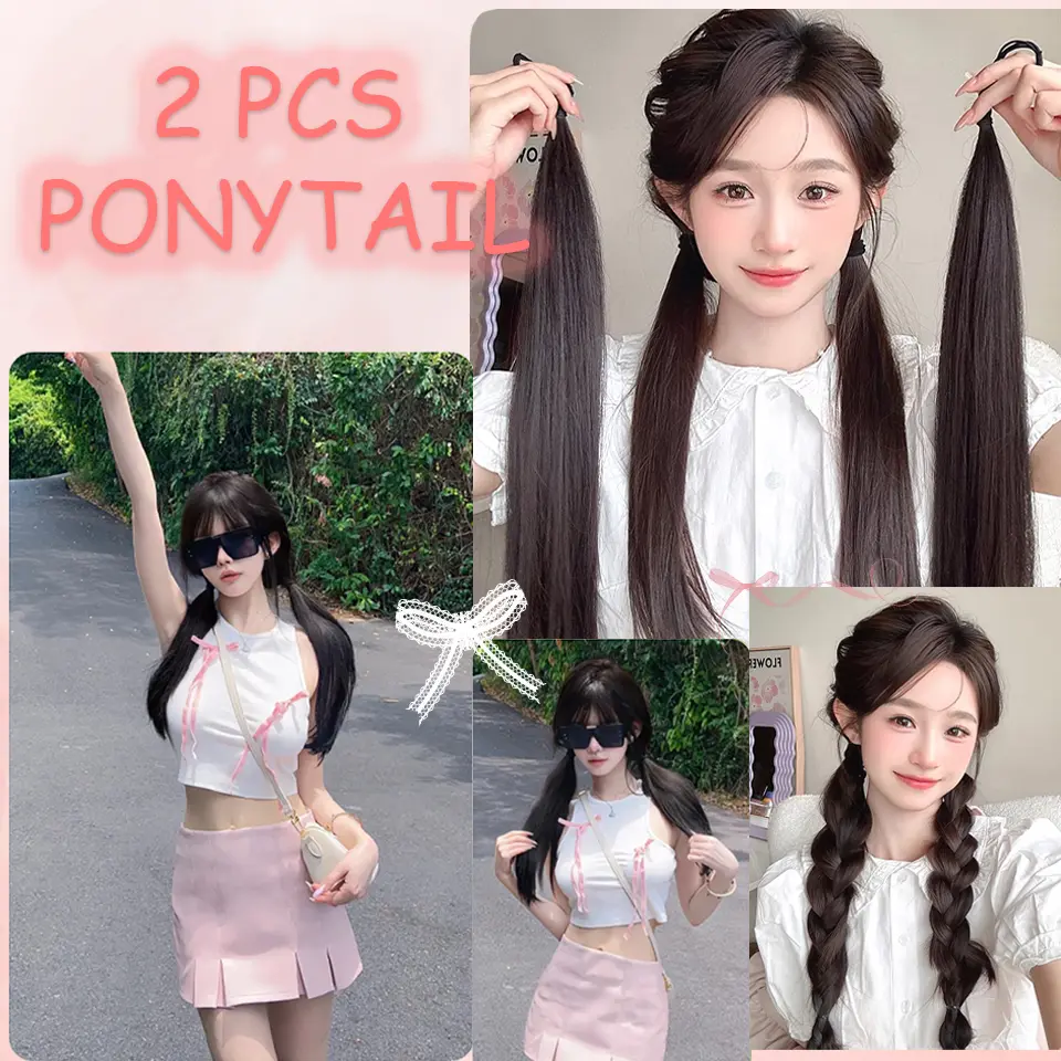 LUPU 2 Pack Synthetic Black Ponytail Extension with Elastic Tie, Braid Ponytail Extension Braid Hair Extensions for Girls Women