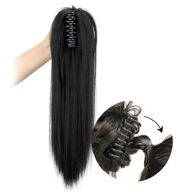 18Inch Synthetic Long Straight Claw Clip in Ponytail Hair Extension Half-Tied Fiber Black Brown Hairpiece for Women