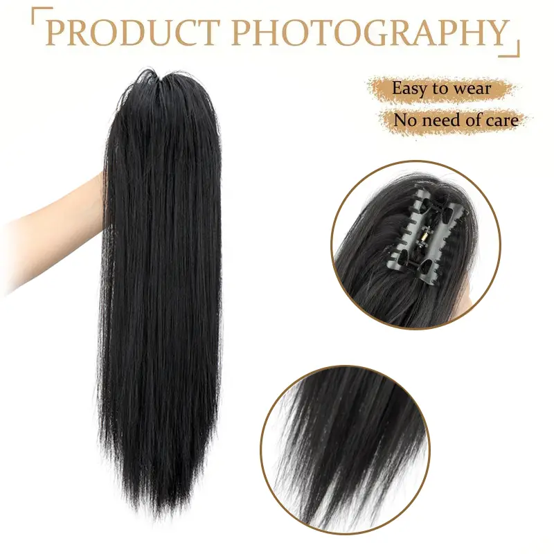 18Inch Synthetic Long Straight Claw Clip in Ponytail Hair Extension Half-Tied Fiber Black Brown Hairpiece for Women