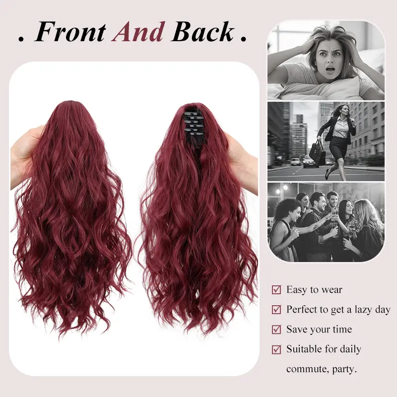 Clip-in Synthetic Hair Ponytail Extension Short Wavy Curled Clip-on Ponytail with Claw Clip Wine Red Hairpiece for Women