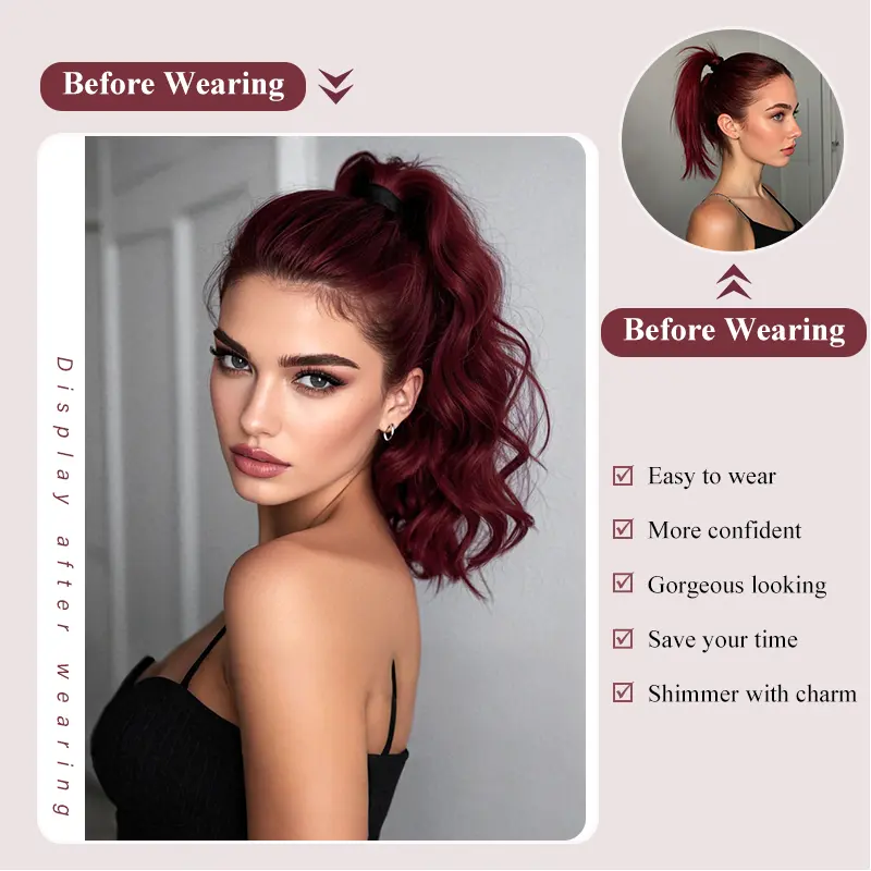 Clip-in Synthetic Hair Ponytail Extension Short Wavy Curled Clip-on Ponytail with Claw Clip Wine Red Hairpiece for Women
