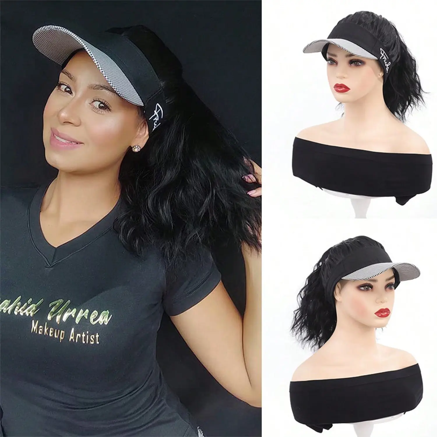 Hat Wigs 16 Inch Synthetic Curly Wavy Ponytail Wigs With Houndstooth Empty Top Hat For Women Daily Party Use