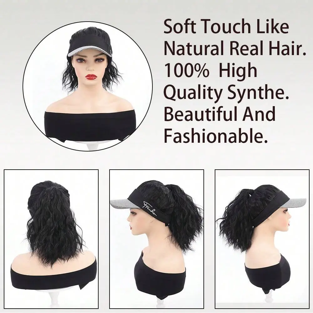 Hat Wigs 16 Inch Synthetic Curly Wavy Ponytail Wigs With Houndstooth Empty Top Hat For Women Daily Party Use