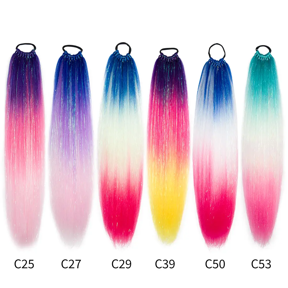 Leeons Jumbo Ponytail Mix Tinsel Glitter Braids Ponytail With Rubber Band Synthetic Ponytail For Woman Girls Kids Daily Party