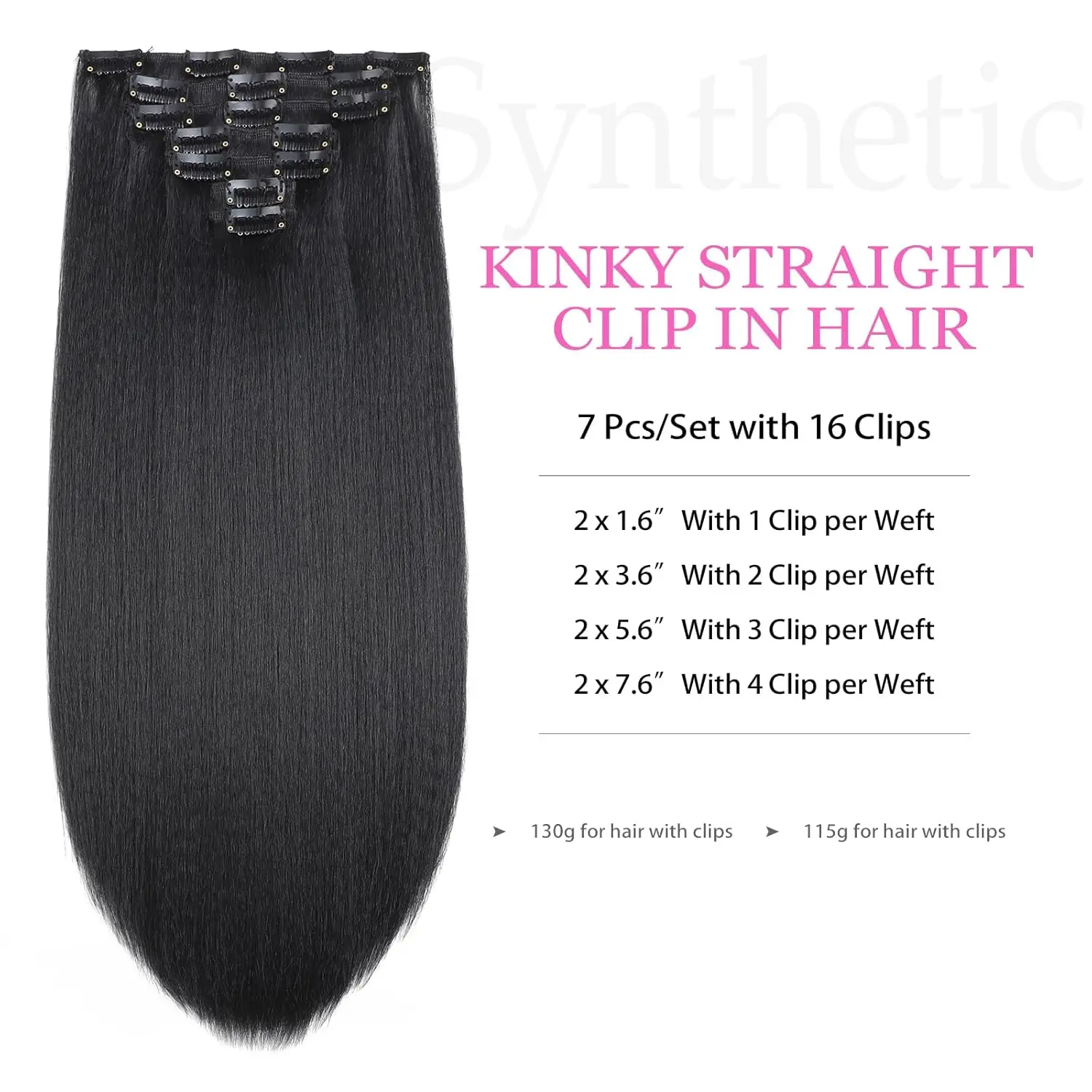 24-26Inch Synthetic Hair Kinky Yaki Straight Clip in Hair Extensions Natural Black 7 Pcs Seamless For Women Girl Full Head Daily