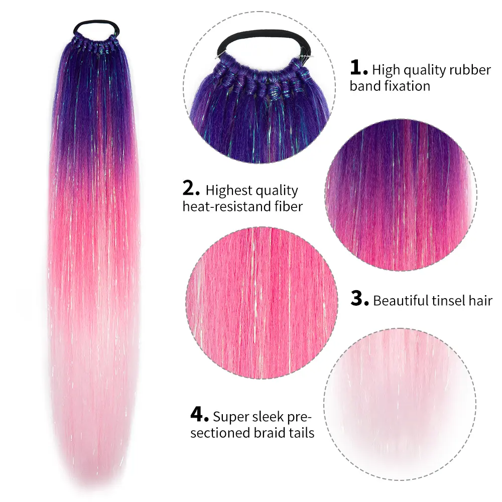Leeons Jumbo Ponytail Mix Tinsel Glitter Braids Ponytail With Rubber Band Synthetic Ponytail For Woman Girls Kids Daily Party