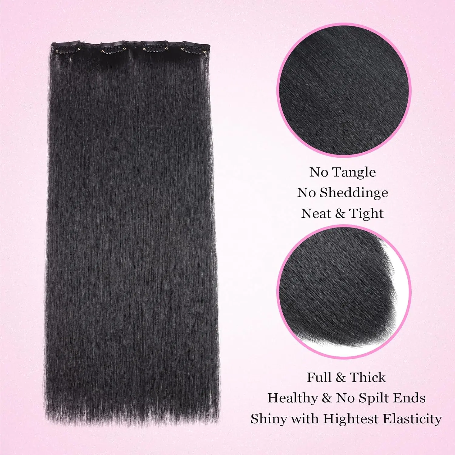 24-26Inch Synthetic Hair Kinky Yaki Straight Clip in Hair Extensions Natural Black 7 Pcs Seamless For Women Girl Full Head Daily