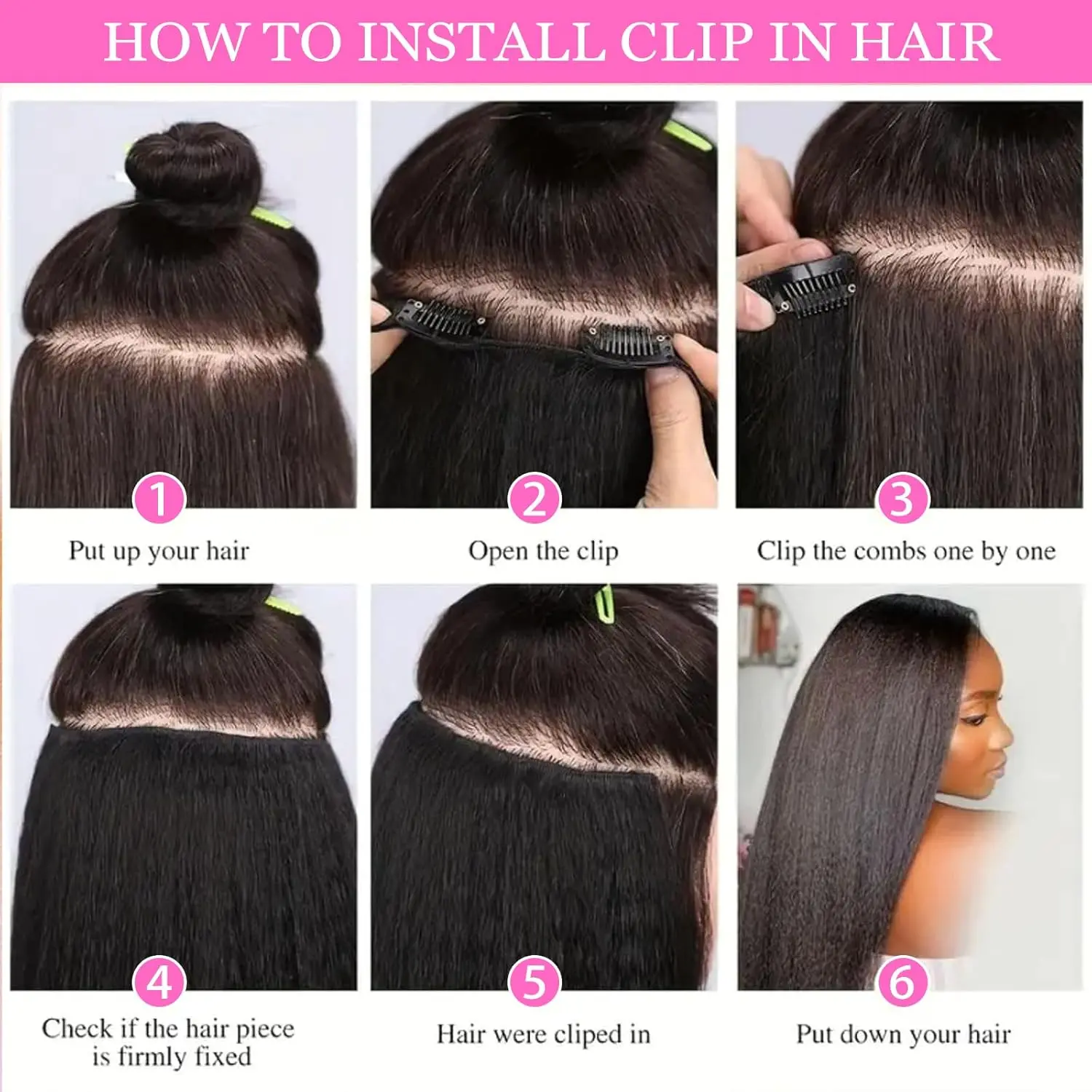 24-26Inch Synthetic Hair Kinky Yaki Straight Clip in Hair Extensions Natural Black 7 Pcs Seamless For Women Girl Full Head Daily