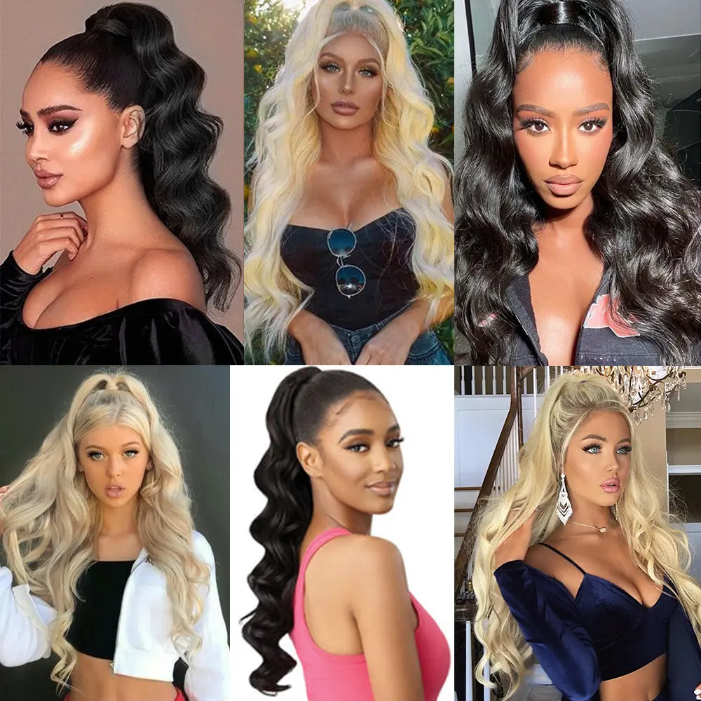 26" Synthetic Extension for Women Synthetic Long Body Wave Ponytail Extensions Black Drawstring Ponytail Clip in Hairpiece