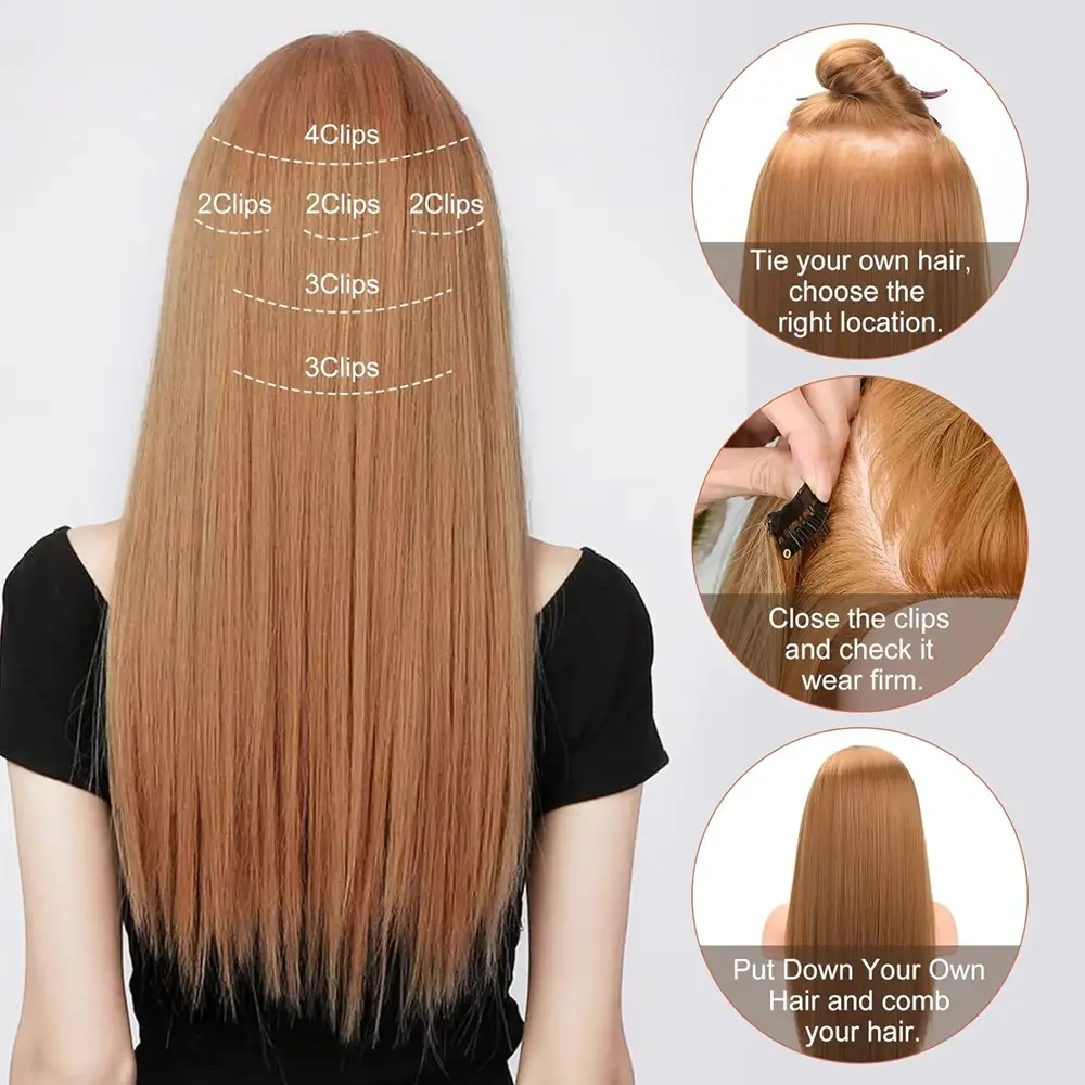 24Inch Synthetic 6 Clips in Hair Extensions Long Straight Hairstyle Black Hairpieces Heat Resistant False For Women Daily Use
