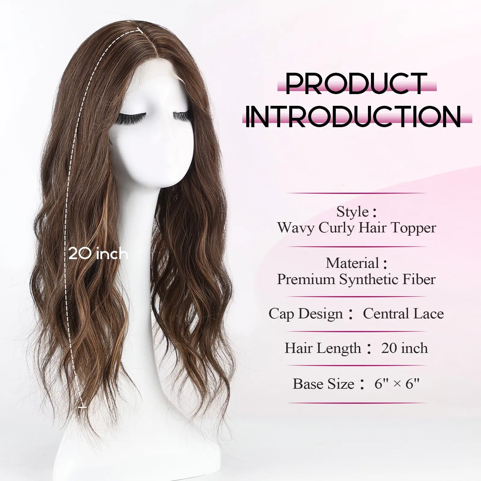 20 Inch Long Wavy Synthetic Hair Toppers 6*6 Lace Base Hair Topper Brown Highlight Hairpieces for Women Daily Heat Resistant