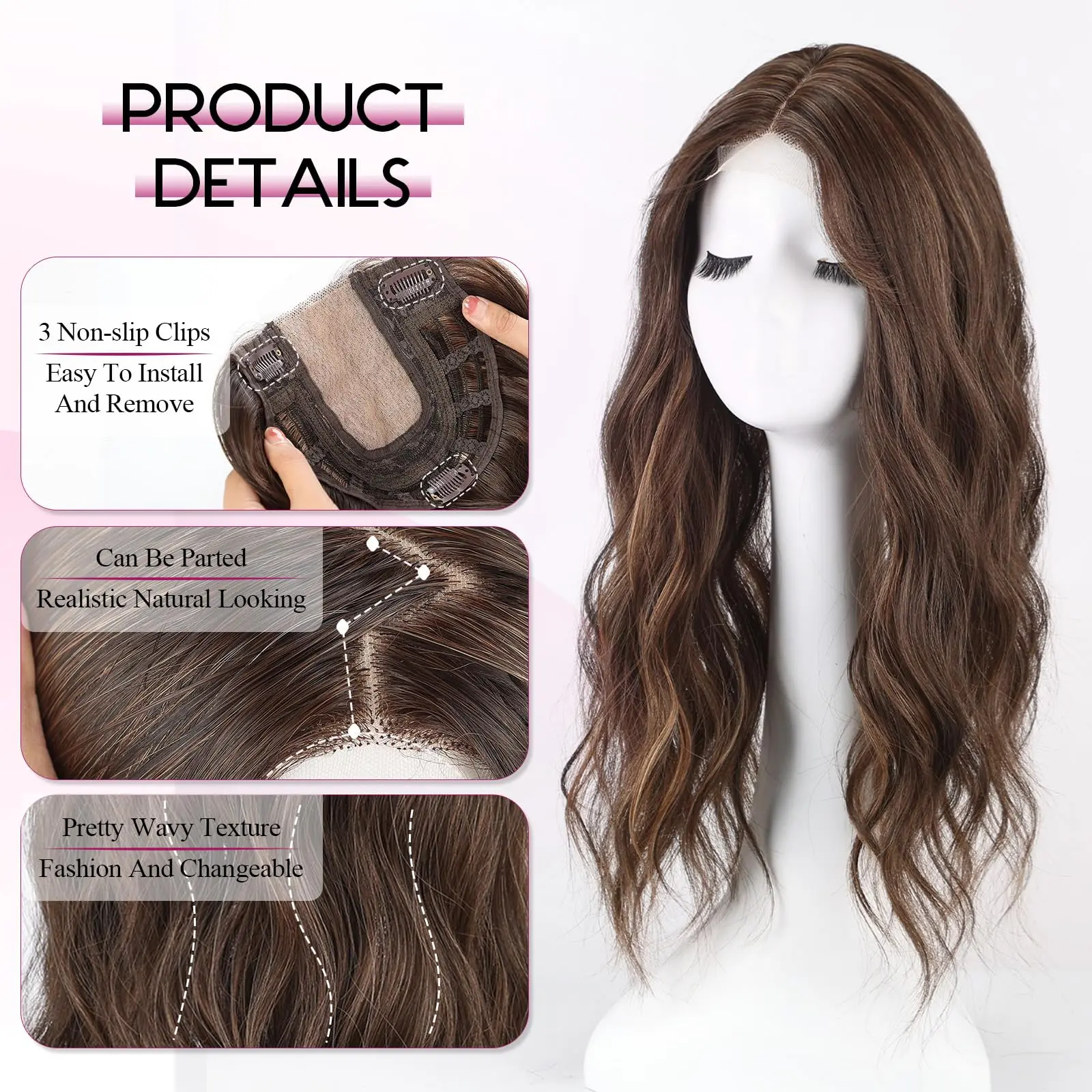 20 Inch Long Wavy Synthetic Hair Toppers 6*6 Lace Base Hair Topper Brown Highlight Hairpieces for Women Daily Heat Resistant