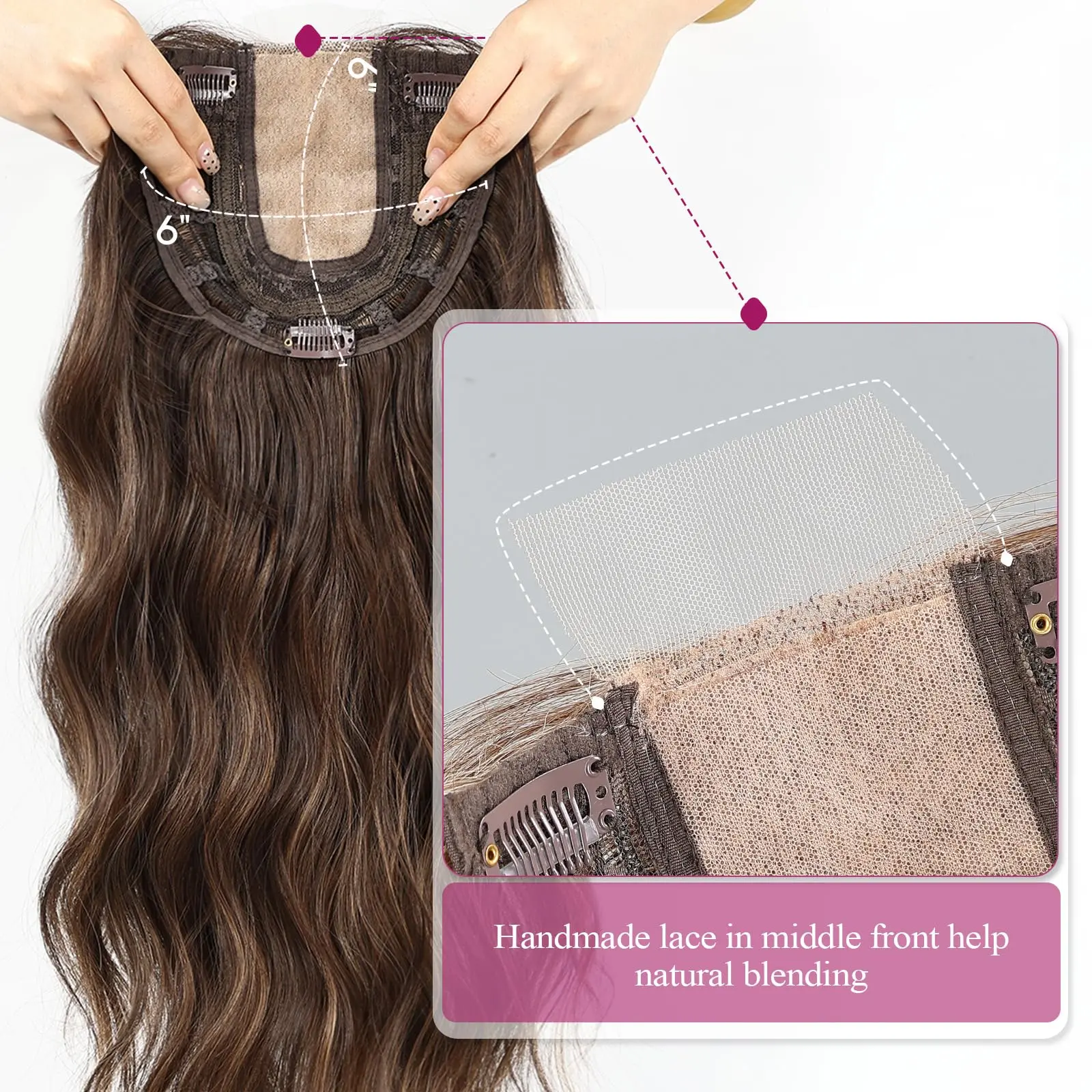 20 Inch Long Wavy Synthetic Hair Toppers 6*6 Lace Base Hair Topper Brown Highlight Hairpieces for Women Daily Heat Resistant