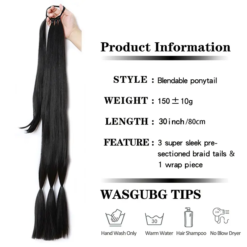 30Inch Synthetic Long Braided Ponytail Hair Extension DIY Box Braid Hairpiece Heat Resistant Ponytail for Women
