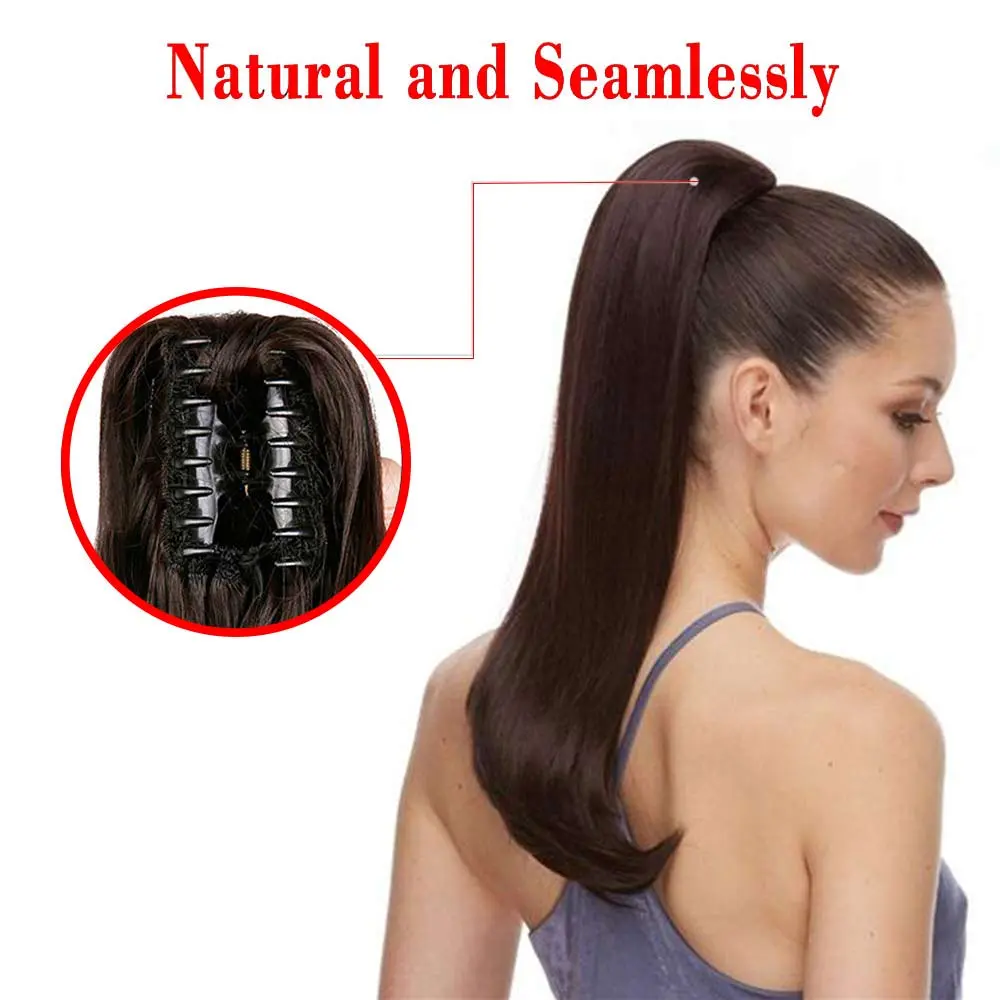 22" Synthetic Women Claw on Ponytail Clip in Hair Extensions Straight Style Pony Tail Hairpiece Ombre Brown Blonde