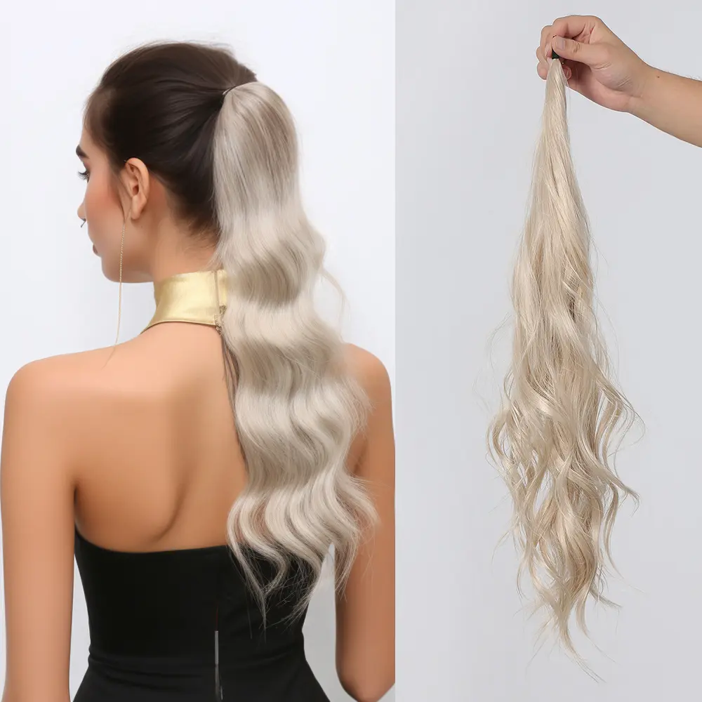 25" Ponytail Extensions Flexible Wrap Around Ponytail Hair Extensions Platinum Long Wavy Synthetic Ponytail for Women Party Use