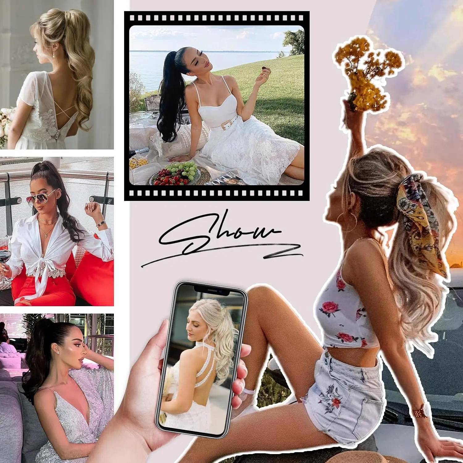 25" Ponytail Extensions Flexible Wrap Around Ponytail Hair Extensions Platinum Long Wavy Synthetic Ponytail for Women Party Use
