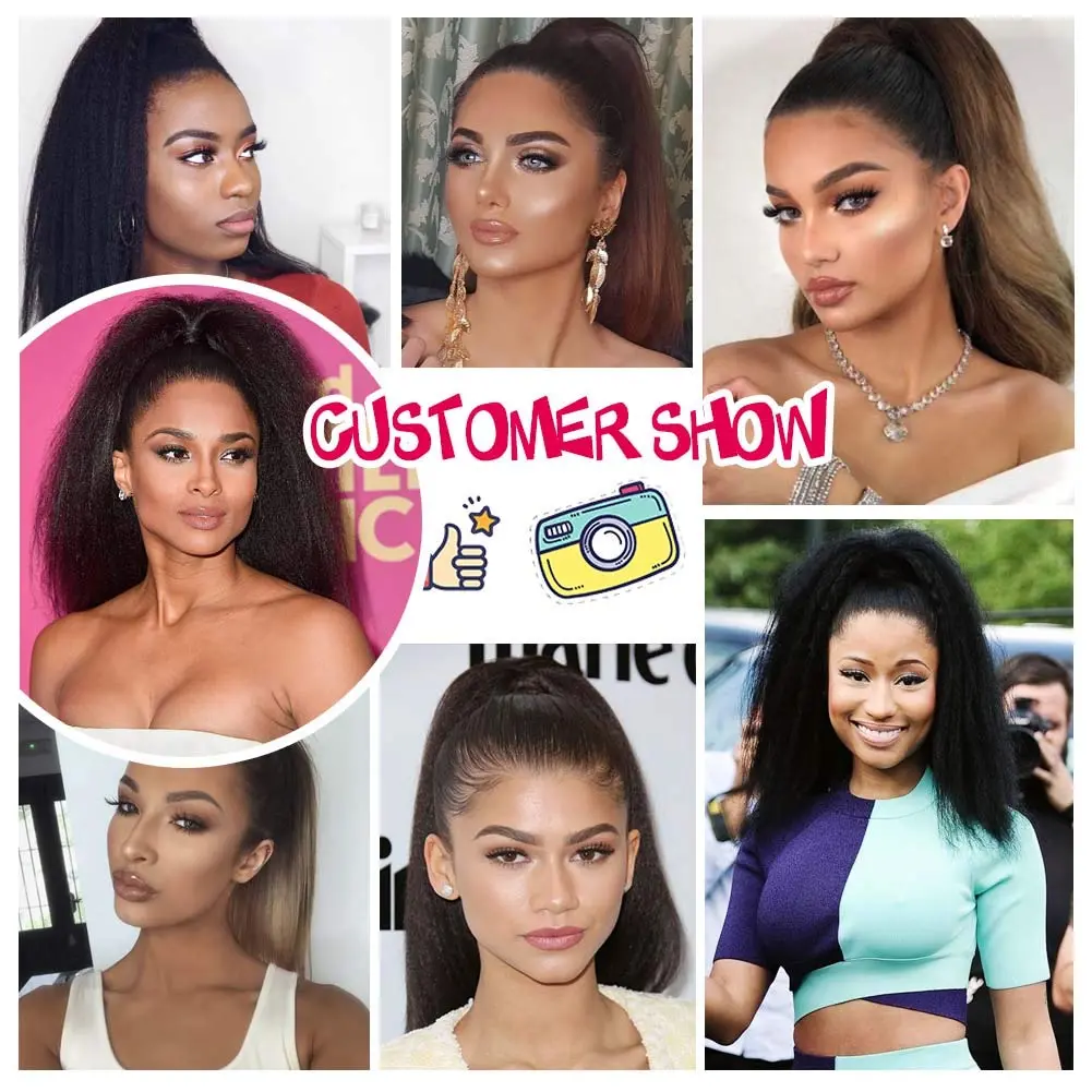 Yaki Kinky Straight Ponytail 8 Inch Short Drawstring Ponytail Hair Extensions Clip In Synthetic Pony tail Hairpiece For Women