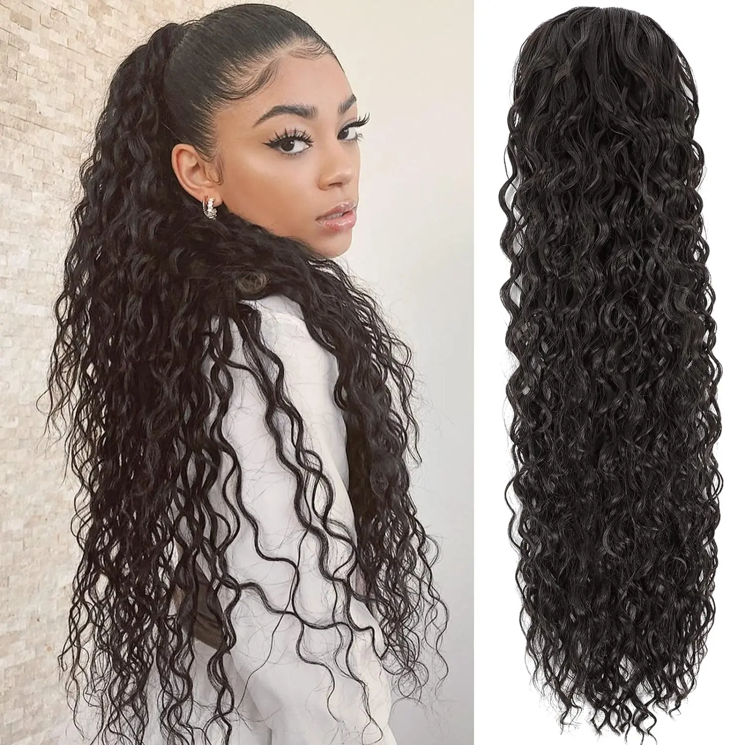 Synthetic Long Curly Ponytail Hair Extensions For Black Women Drawstring Ponytail Hair Extension Natural Water Curls Ponytail