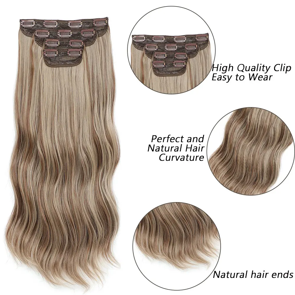 Gladys 220g 4pcs Synthetic Clip In Hair Extensions Brown Blonde Black 22 Inch Heat Resistant Long Wavy Thick Hairpiece For Women