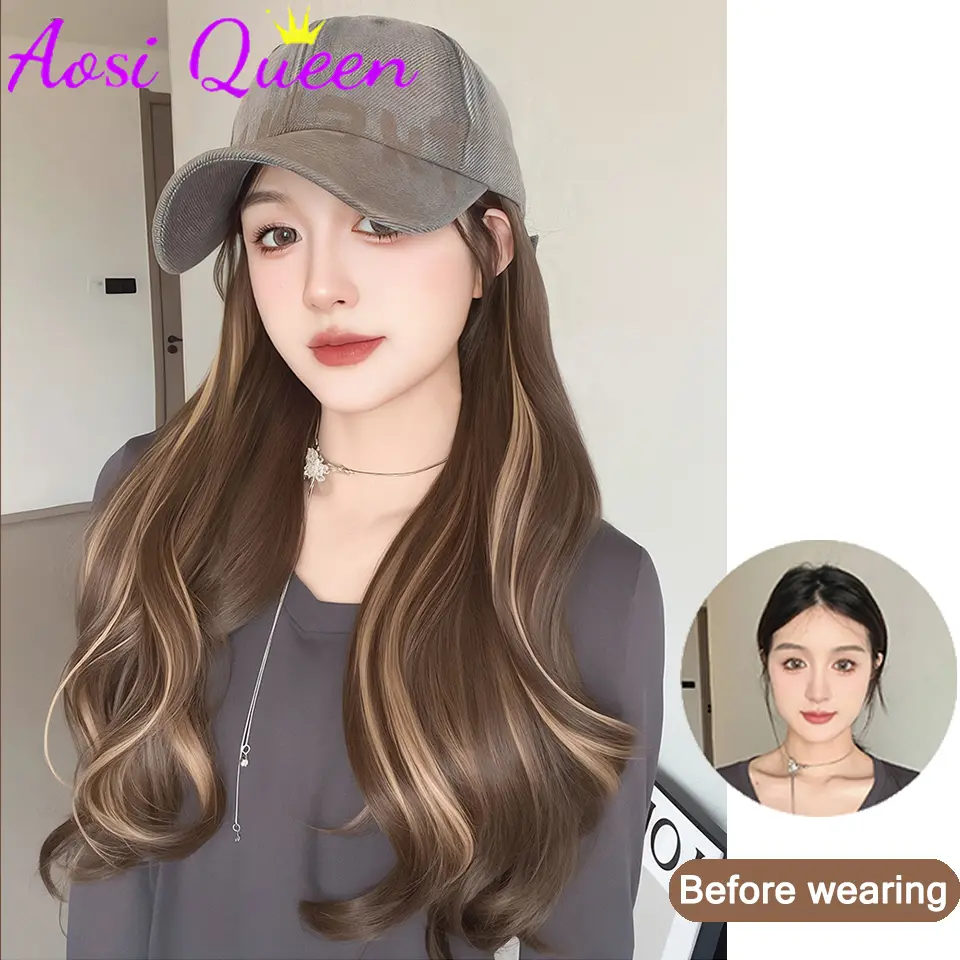 AOSI Long Wavy Wig Synthetic Wig Vintage Cowboy Hat Extensions Hat Wigs Cold Brown Adjustable Hairpiece for Women