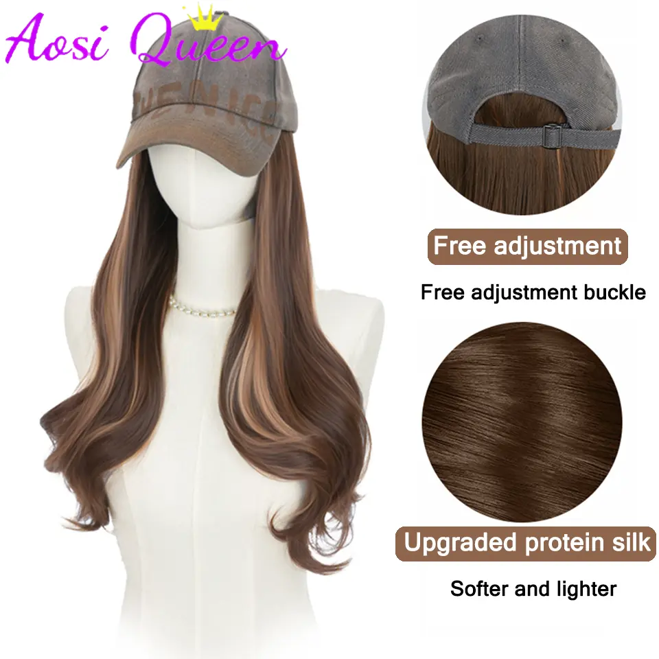 AOSI Long Wavy Wig Synthetic Wig Vintage Cowboy Hat Extensions Hat Wigs Cold Brown Adjustable Hairpiece for Women