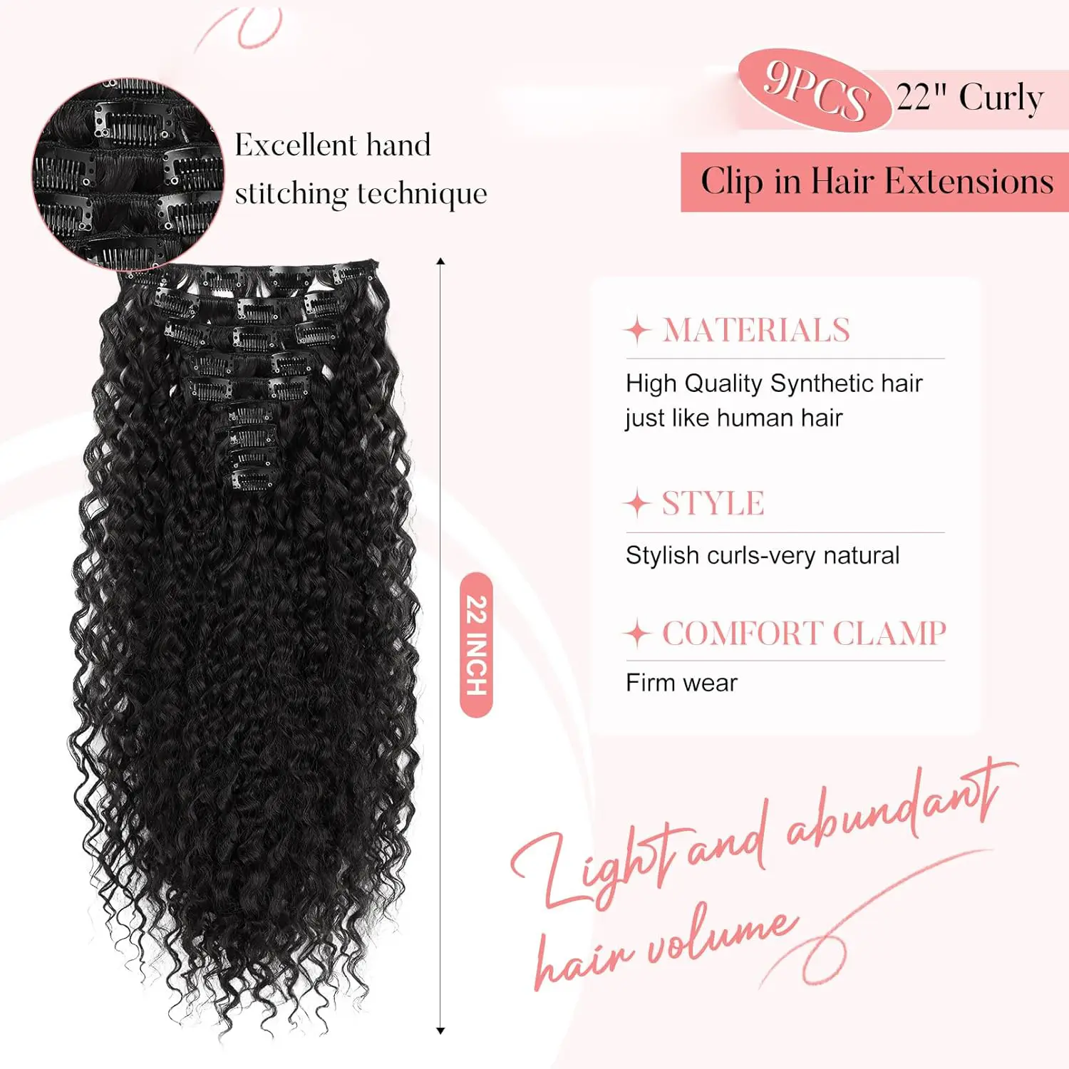 9PCS Clip in Hair Extensions 22 Inch Curly Hair Extension Long Soft Synthetic Hairpieces for Women