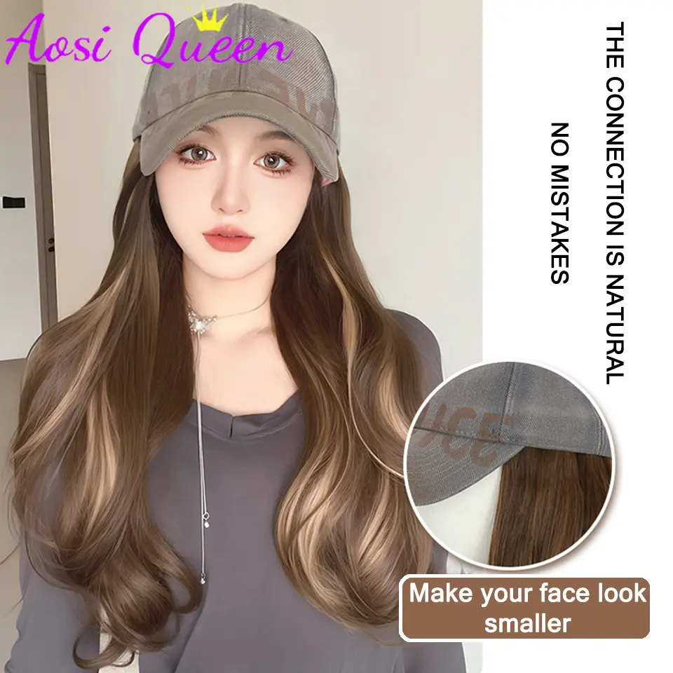 AOSI Long Wavy Wig Synthetic Wig Vintage Cowboy Hat Extensions Hat Wigs Cold Brown Adjustable Hairpiece for Women