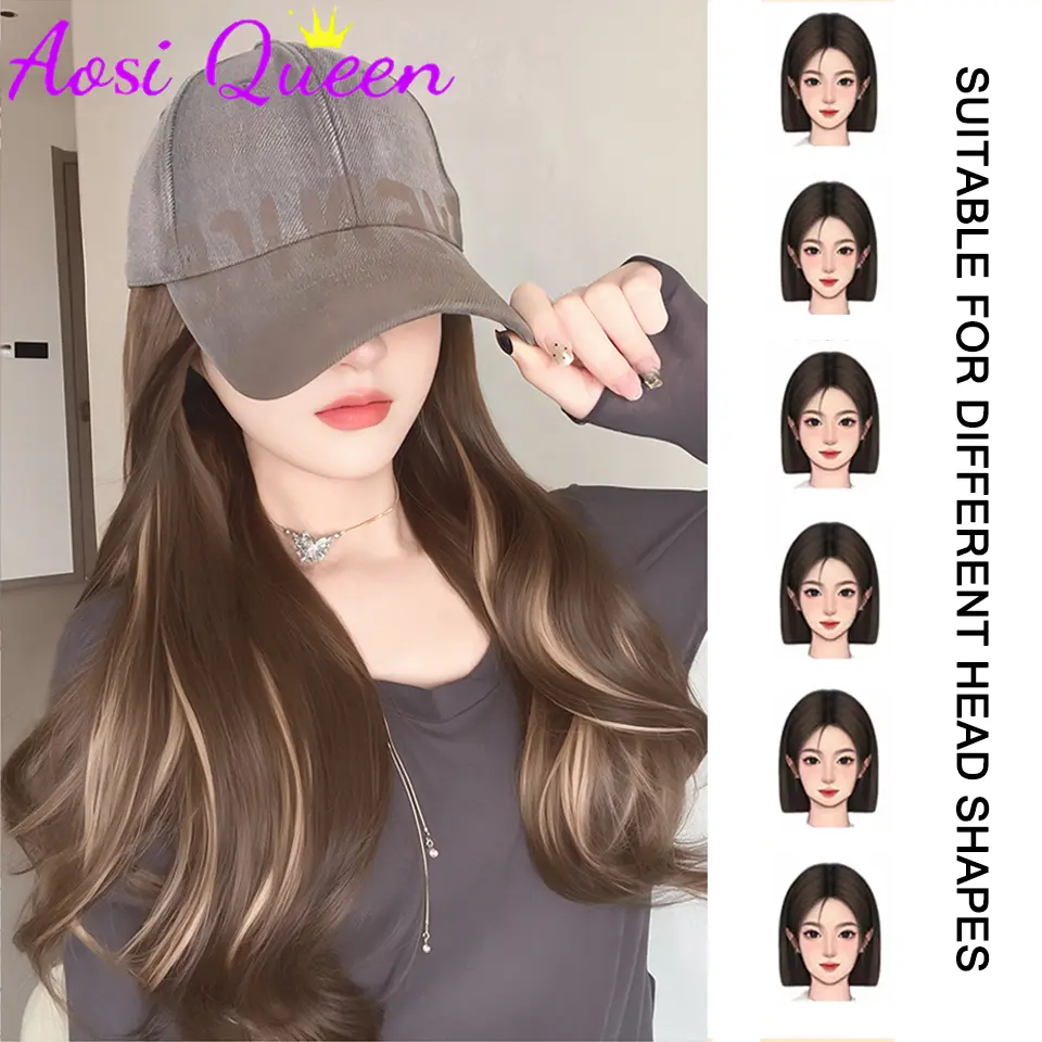 AOSI Long Wavy Wig Synthetic Wig Vintage Cowboy Hat Extensions Hat Wigs Cold Brown Adjustable Hairpiece for Women