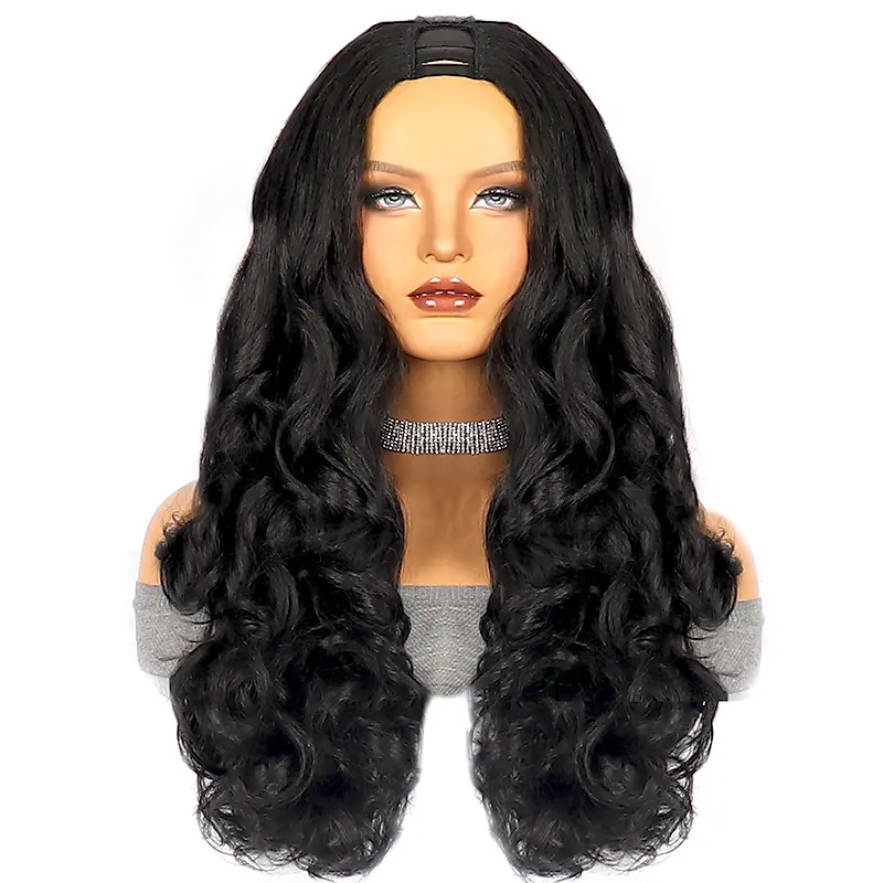 26 Inch U Part Wig Soft Yaki Body Wave Synthetic Hair Wig Heat Resistant V Part Half Wigs for Black Women