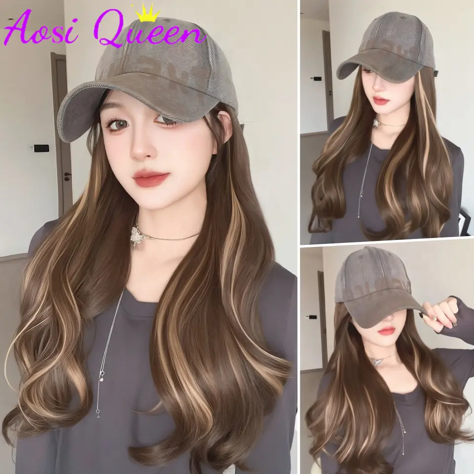 AOSI Long Wavy Wig Synthetic Wig Vintage Cowboy Hat Extensions Hat Wigs Cold Brown Adjustable Hairpiece for Women