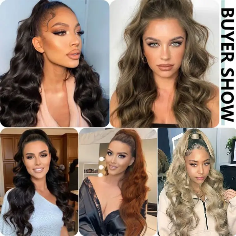 Long Synthetic Drawstring Ponytail Extensions 24 Inch Wave Clip in Pony Tail Hair for Women Blonde Body Wavy Fake Tail Hairpiece