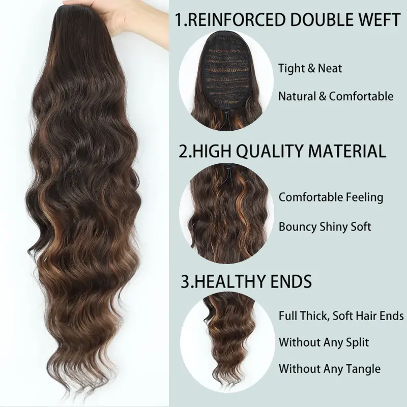 Long Synthetic Drawstring Ponytail Extensions 24 Inch Wave Clip in Pony Tail Hair for Women Blonde Body Wavy Fake Tail Hairpiece
